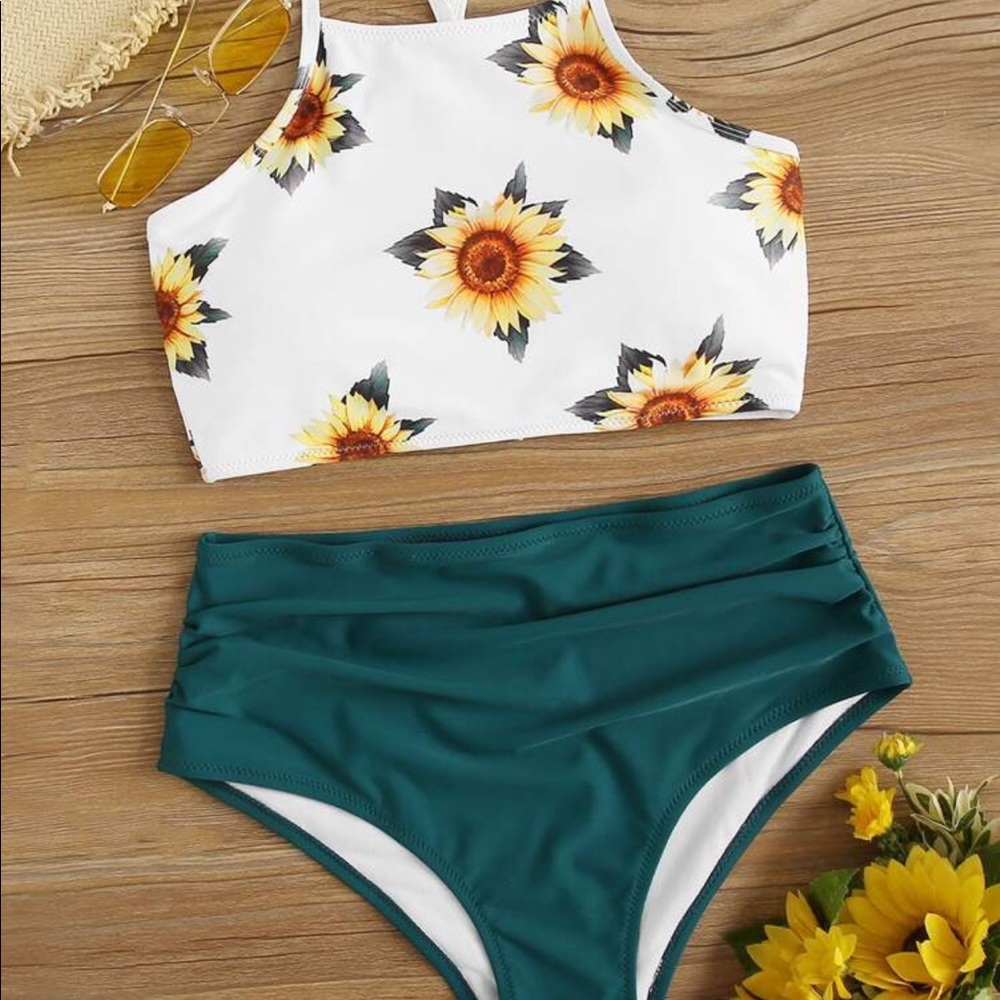 High waisted sunflower print bathing suit